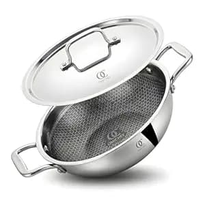 Omichef Triply Honeycomb Kadai/Kadhai with Stainless Steel Lid | Large (24CM-3LTR) | ISI Certified, Induction & Gas Stove Friendly, 100% Food-Grade & Toxin-Free Cookware (5 Year Warranty)