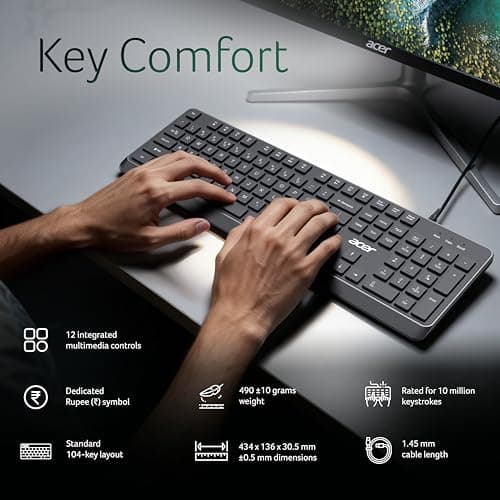 Acer OfficeMate Wired Keyboard Mouse Combo | Full Size 104 Keys Keyboard with Multimedia Keys | 1200 DPI Optical Mouse | USB Plug & Play | Silent Typing | Ergonomic Design | Windows Compatible I Black 3
