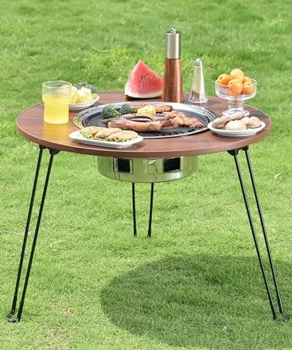 Inditradition Portable Freestanding Charcoal BBQ Grill Table & Fire Pit for Indoor & Outdoor Picnic, With Round Self Service Wooden Space & 6 Tools (65 cm, Round) 2