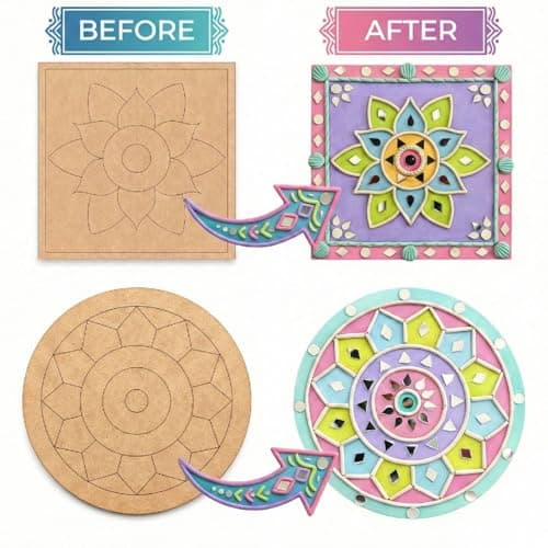 ImagiVibe DIY Mini Lippan Art Kit for Kids & Adults | 2 Pre-Marked 6 Inch MDF Boards | Indian Folk Art Painting Kit with Clay, Mirrors & Pastel Tempera Colours | Creative Art & Craft Kit for Gifting,  4