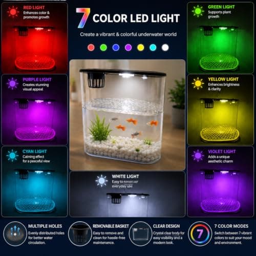 VAYINATO® PS-30L Fish Tank with Plant Growing Basket & 7-Color LED Light | 10L Desktop Aquarium (30H x 13B x 28L cm) | Crystal Clear Aquatic Tank for Guppy, Betta & Small Fish | Modern Home 4