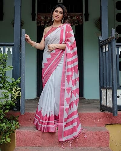 Kaugalian store Linen Cotton Geometric Printed White & Pink Saree For Women With Unstitched Blouse Piece 2