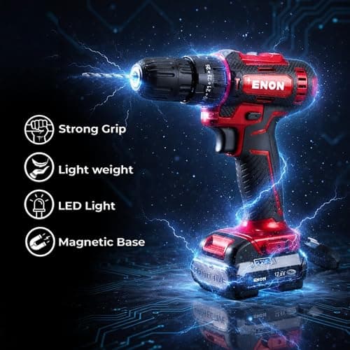 Enon 12.6V Cordless Impact Drill for Home Use, 82 Pcs Drill Kit, 2x1.5Ah Batteries,1500RPM, 22NM Torque, 25 Level Torque, Keyless Chuck 10mm, 2 Speed Modes 3 Functions, Magnetic Base (XE-CD1610) 3