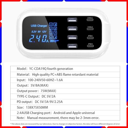 Multi-Port USB Charger 4USB+2TYPE-C+2PD Charging Station hub Digital Display 4