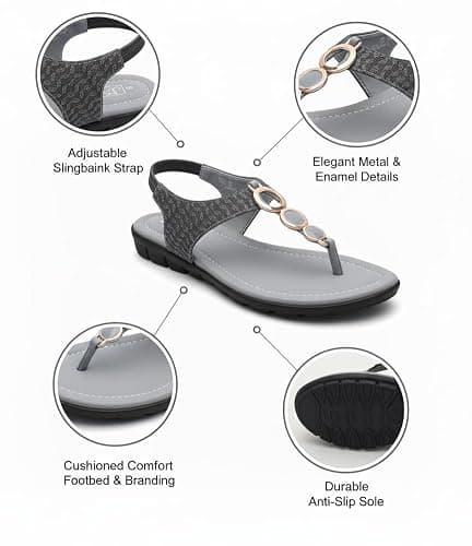 S PLUS S Fashion Women’s Grey Ethnic Flat Sandals | Stylish Toe-Ring Slip-On Flats with Golden Ring Ornament | Comfortable Casual, Party & Festive Footwear (Grey, UK Footwear Size System, Adult, Women 5