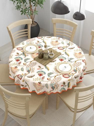 Clasiko 100% Cotton 6 Seater Round Table Cover; 72x72 Inches; Multicolor Peacock