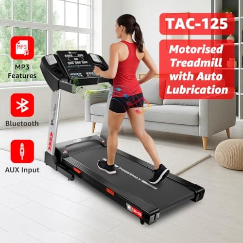 PowerMax Fitness TAC-125 5HP Motorised Auto Incline Treadmill for Home Use, Max User 130kg, Max Speed-18kmph, BMI Calculator, Running Deck 1300x460mm, LED Display, Aux, Bluetooth for Music 2