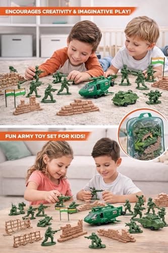 Army Military Series Toy Soldier Action Figures Playset, 60 Pieces with Helicopter, Aircraft, Tanks, Bunker, Indian Flags and Accessories, Made in India, with Storage Bag 4