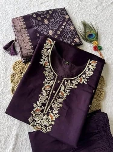 Magenta Women Embroidered Kurta with Dupatta Set | Ethnic Straight Kurti for Festive Wedding Party Casual Wear | Traditional Indian Outfit 3/4 Sleeve Size - XXL 4