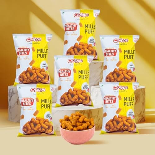 Quipps Millet Puff Tangy Tomato | Non-Fried Roasted Millet Snack | High Fiber & Plant Protein | Gluten Free, Vegan, Non-GMO | No Preservatives, No Palm Oil | Light & Crunchy Healthy Snack for Office &