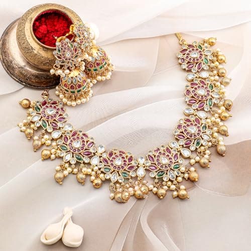 Rubans Womens 22K Gold-Plated Ruby Pink, Emerald Green & White Kundan Studded Pearl Beaded Necklace Set 4