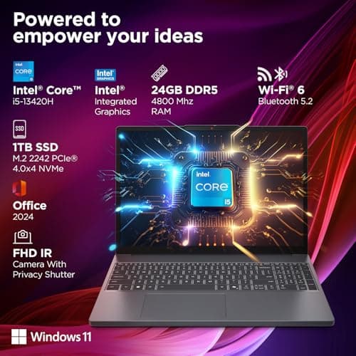 Lenovo IdeaPad Slim 3, 13th Gen Intel Core i5 13420H, 24GB RAM, 1TB SSD, WUXGA IPS, 15.3"/38.8cm, Windows 11, Office Home 2024, Grey, 1.6Kg, Backlit Keyboard, 1Yr ADP Free, 83K100PLIN, Laptop 4