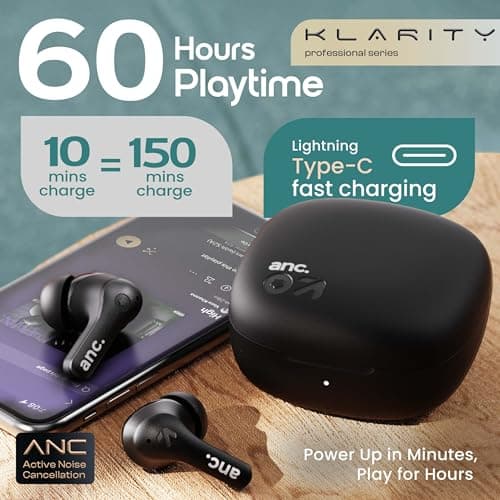 GOBOULT Klarity 4 ANC in-Ear Truly Wireless Earbuds 35dB Active Noise Cancellation, 60H Playtime, 4Mics Calling, 45ms Low Latency, 10mm Driver, Type-C Fast Charging(Electric White) (Jet Black) 3