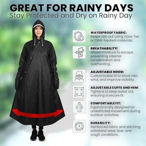 HACER Unisex Rain Poncho 410GSM with Adjustable Hood Full Sleeves Water Resistant Lightweight Outdoor Bike Raincoat for Men & Women Camping Hiking and Travelling (XL, Black) 4