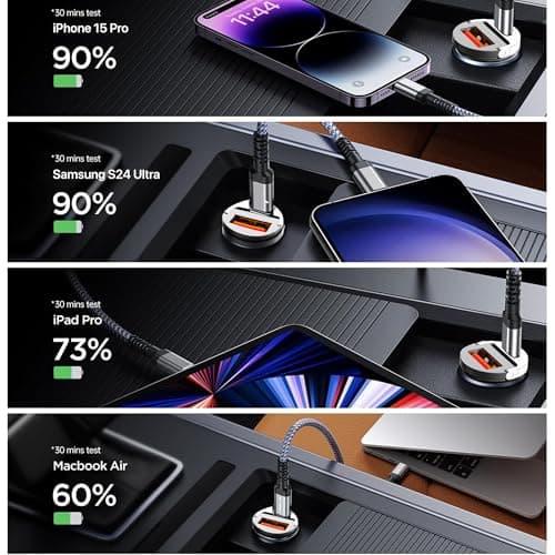 DR VAKU® 65W Car Charger Fast Charging Dual Port Type C PD PPS 65W + 18W QC 3.0 USB Car Mobile Laptop Adapter for iPhone 17/16/15/14/13 etc., Samsung All Series, Tablets, & Android Smartphones- Grey 4