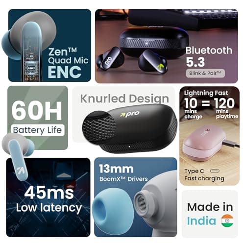 GOBOULT Y1 Pro Ear Buds Wireless with 60H Playtime, 4 Mics Calling, 45ms Latency Gaming, Made in India, 13mm Bass Driver Earbuds Buds TWS Bluetooth Wireless Earphones (Candy Cane) 2