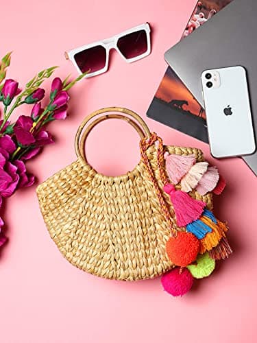 Habere India-All the Cultures Fabricating India Straw Tote, Small Basket, Bamboo Beach Bag for Women, Boho Kauna Handbag, Half Moon - Contemporary, Beige 5