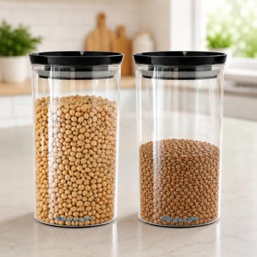 Round Airtight Storage Container 900 ml, Plastic Transparent Kitchen Jar, Leak Proof Silicone Seal Lid, Pantry Organizer For Cereals, Pulses, Rice, Dry Fruits, Cookies, Snacks, Grocery Storage