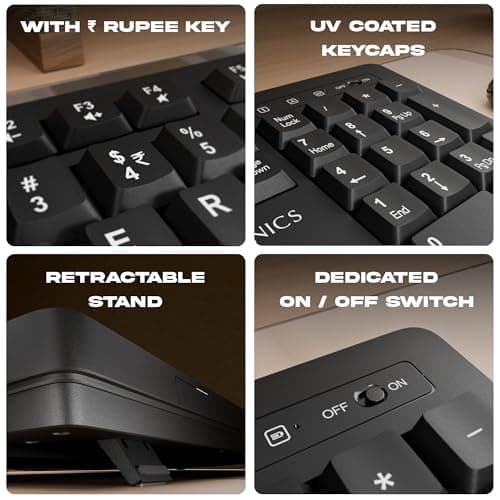 Zebronics Wireless Keyboard & Mouse Combo, 104 UV-Coated Keys, ₹ Key, 12 Multimedia Keys, Retractable Stand, 4 Button Mouse, 1600 DPI, High Precision, USB Nano Receiver (Companion 116, Black) 4
