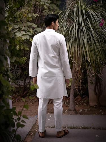 hitch India Men's White Kurta Pajama Set Traditional Indian Ethnic Wear Full Sleeves Mandarin Collar (in, Alpha, L, Standard, White) 3