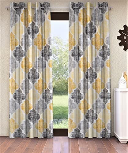 Home Sizzler 2 Pieces Moroccan Motif Eyelet Glace Cotton Door Curtains - 6 Feet, Yellow