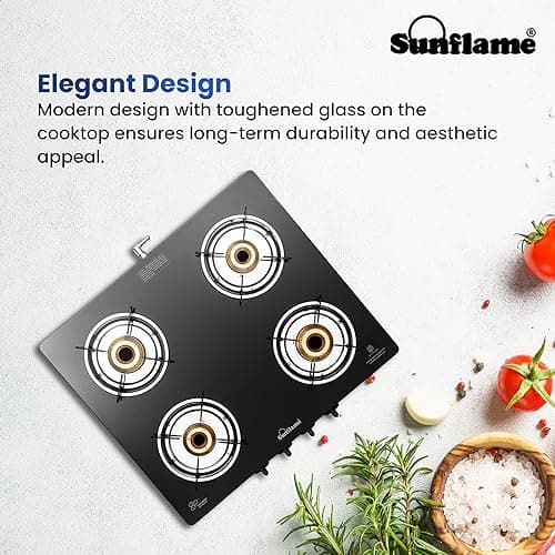Sunflame Pride 4 Burner Gas Stove | 2 Medium and 2 Small Brass Burners | 2-Years Product Coverage by Sunflame | Ergonomic Knobs | Easy to Maintain | Toughened Glass Top | PAN India Presence| Black 6