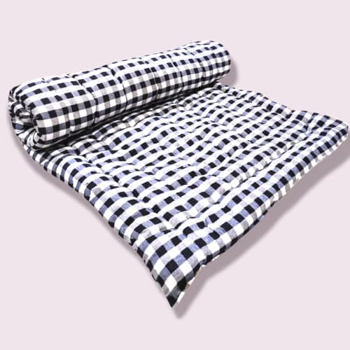ATOOTFUSION Premium Queen Size Cotton Quilt Mattress | Lightweight Comfort, Medium Firmness | Foldable Reversible Cotton Bedding | White and Black Checkered Design (72X60 Inches)