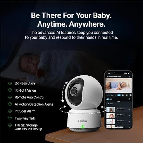 Qubo Smart 360° 3MP [2K] Baby Monitor by Hero Group | Indoor CCTV Cam | STQC Certified | AI Smart Motion Tracking | App Alerts | Color Night Vision | Cloud & SD Card Storage | Made in India 2