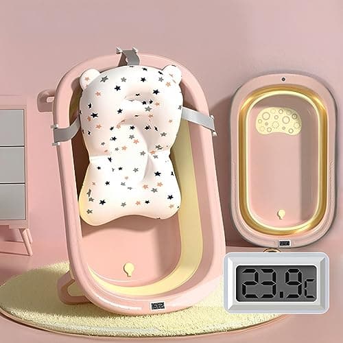 StarAndDaisy Bath Tub for Baby 0-3 Years/Foldable Bath tub for Kids with Cushion & temerature Sensor, Space Saving Design, Newborn Baby Folding Bathing Tub Girls & Boys, Easy to Store -Pink