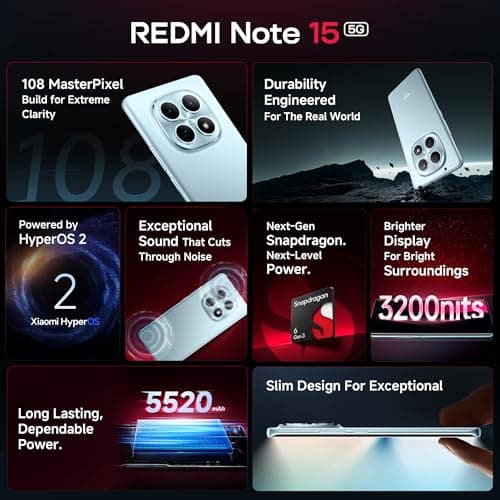 REDMI Note 15 5G (Black, 8GB RAM 256GB Storage) | 108MP OIS Camera | Snapdragon 6 Gen 3 | 17.2cm Tough Curved AMOLED Screen | Segment's Slimmest Phone | 5520mAh Battery | 45W Fast Charging 3