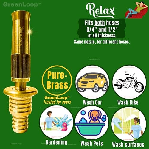 GreenLoop Solid BRASS Water Spray 2-in-1 Nozzle, DUAL PURPOSE, Fits all 3/4" and 1/2" hoses of all thickness, Adjustable Water Jet Spray Gun, High Pressure washing, 2-in-1 Nozzle+Clamps 5