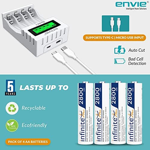 ENVIE® (ECR11MC + 2800 4PL) SprintX Ultra Fast Rechargeable Batteries Charger for AA & AAA Ni-MH with 4xAA2800mah Rechargeable Batteries, with Over Charge Protection 5