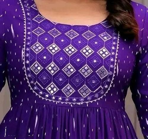 Women's Anarkali Kurti, Floral Printed Pink Tiered Gown with Embroidered Yoke, 3/4 Sleeves (in, Alpha, 2XL, Purple-Kurta) 2