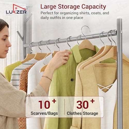 Lukzer | MGR-003 | Grey | Metal Clothes Hanging Stand with Wheels, Bottom Shelf & Single Rod – Stylish Garment Rack & Cloth Organizer for Entryway, Dressing Room & More | 173 x 110 x 35 cm 4