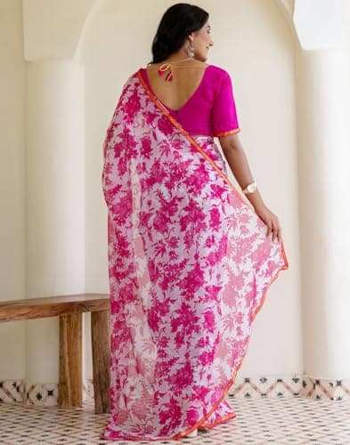 SIRIL Women's Chiffon Floral Printed Saree with Unstitched Blouse Piece (4473S236_White & Pink) 5