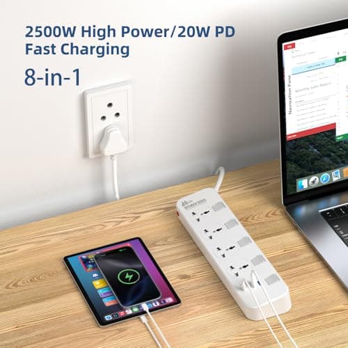 Hoteon 2500W Extension Board with USB Slots, Individual Switch & Safety Shutter, 4 USB Ports(3.4A) 4 Way Outlets Power Strips with Universal Sockets and 2M Extension Cord (3-Pin, White), 250 Volts 3