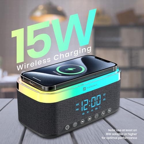 Portronics Trifusion 16W HD Sound Bluetooth Speaker with 15W Wireless Charging, 360°RGB LED Lights, Digital Clock with Alarm Setting, Built-in White Noise, USB/SD Card/AUX in, Type C Charging(Black) 3