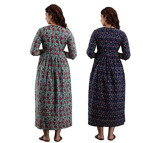HRK VEMON Women's Pure Cotton Printed Maternity Gown Feeding Nighty A-line Feeding Dress Kurti Gown for Women Pack of 2 (XXX-Large, Multi-50) 2
