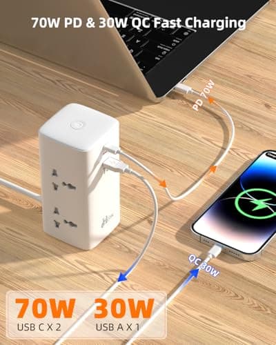 Hoteon Tower Extension Board, 2500W/10A Extension Cord with GaN Technology, 70W USB C Power Strip with 4 Universal Sockets, 2*70W PD&1*30W QC Fast Charging, 2M Surge Protection Board for Home, Office 3