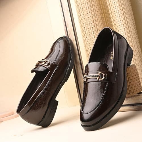 Men's Patent Leather Shiny Loafers | Shining Shoes for Wedding, Party and Festivals | Flexible TPR Sole and Comfortable Cushioned Insole | Stylish Shoes for Jeans, Kurta Pajama, Sherwani Brown 2