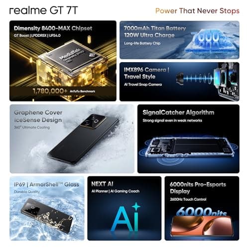 realme GT 7T (IceSense Black,8GB+256GB) | MediaTek D8400 MAX | Strongest Battery Combo 7000mAh + 120W | AI 4K 60FPS Travel Camera | 360° Cooling IceSense Design with Graphene | 6000 nits Display 2