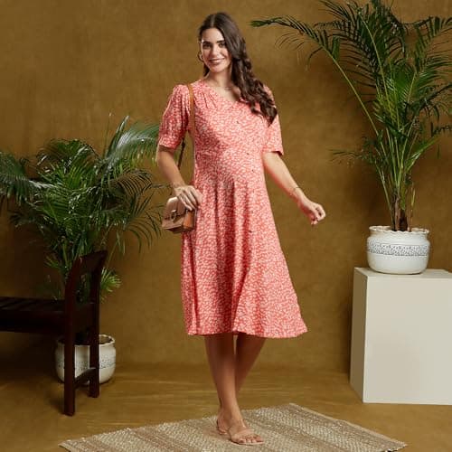 MomToBe Women's Rayon Maternity Dress with Zippers for Nursing Pre and Post Pregnancy (Sunkist Coral ; Medium) 2