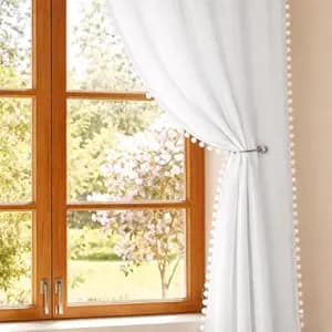 HOMEMONDE Cotton Sheer Solid Curtains Window 5 Feet Sun Light Filtering Solid Curtain With Rod Pocket, Both Sides Pompoms, Pack Of 2 - (White, 60 Inch)