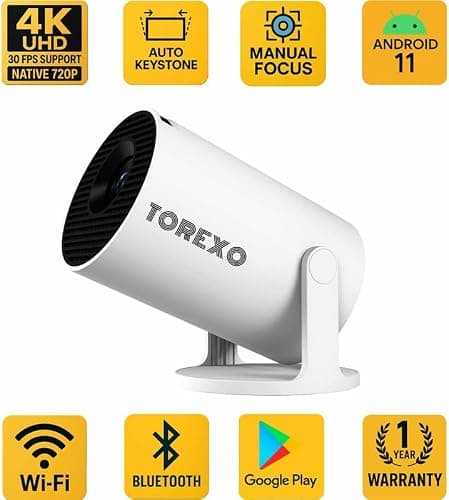 TOREXO HY300PRO+ | 4K Support Android Projector | Native 720p | Freestyle WiFi Miracast (4500 lm / 1 Speaker/Wireless/Remote Controller) Portable Projector (White) 2