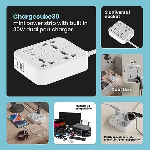 Stuffcool ChargeCube 30 Mini Extension Board with Surge Protector, 3 AC Sockets and 30W Dual Type-C PD/PPS Output for Super Fast Charging – Charges Samsung Phones, iPhones 50% in 30 Mins, MacBook Air 3