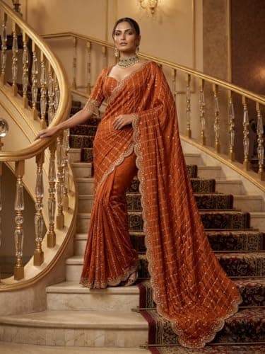 NIRLABH LIZZA Designer Saree for Women with Elegant Star Dot Embroidery Work Soft Fabric Traditional Ethnic Wear Saree with Rich Border & Blouse Piece for Festive Wedding Daily Wear (RUST ORANGE) 3