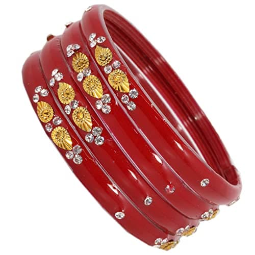 NMII Glass with Zircon Gemstone and Beads Studded Glossy Finished Kada For Women and Girls, Pack of 4, (TRed_2.8 Inches) 2