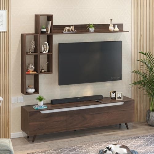 BLUEWUD Blesky Miltra TV Unit Multipurpose Combo, TV Stand with top shelf for Decor Display, TV Entertainment Unit with Handleless doors, for Living Room, Home (DIY- Brown Maple) (Blesky Miltra Combo)