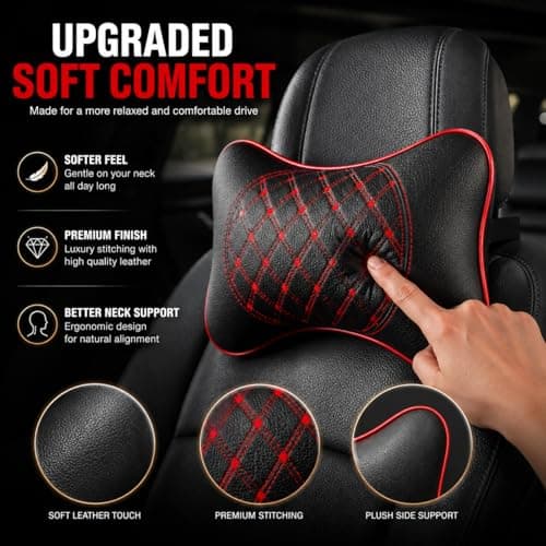 AdroitZ Faux Leather 𝗨𝗡𝗜𝗩𝗘𝗥𝗦𝗔𝗟 Car Neck Rest Pillow | Premium Embroidery Cushion Neck Pain Relief | Head Rest Support for Long Drives | Headrest Interior Seat Accessories for All Cars(Set of  5