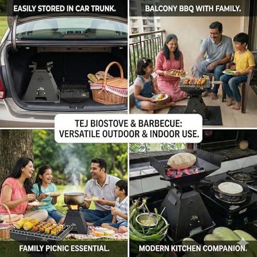 Tej BioStove & Barbecue Grill | Booster Combo of Portable Home, Balcony BBQ & Outdoor Camping Stove| MultiFuel Wood, Charcoal, Pellets | Smoke less, Quick Start, High Heat Tech| MultiUSE| Strong Steel 3